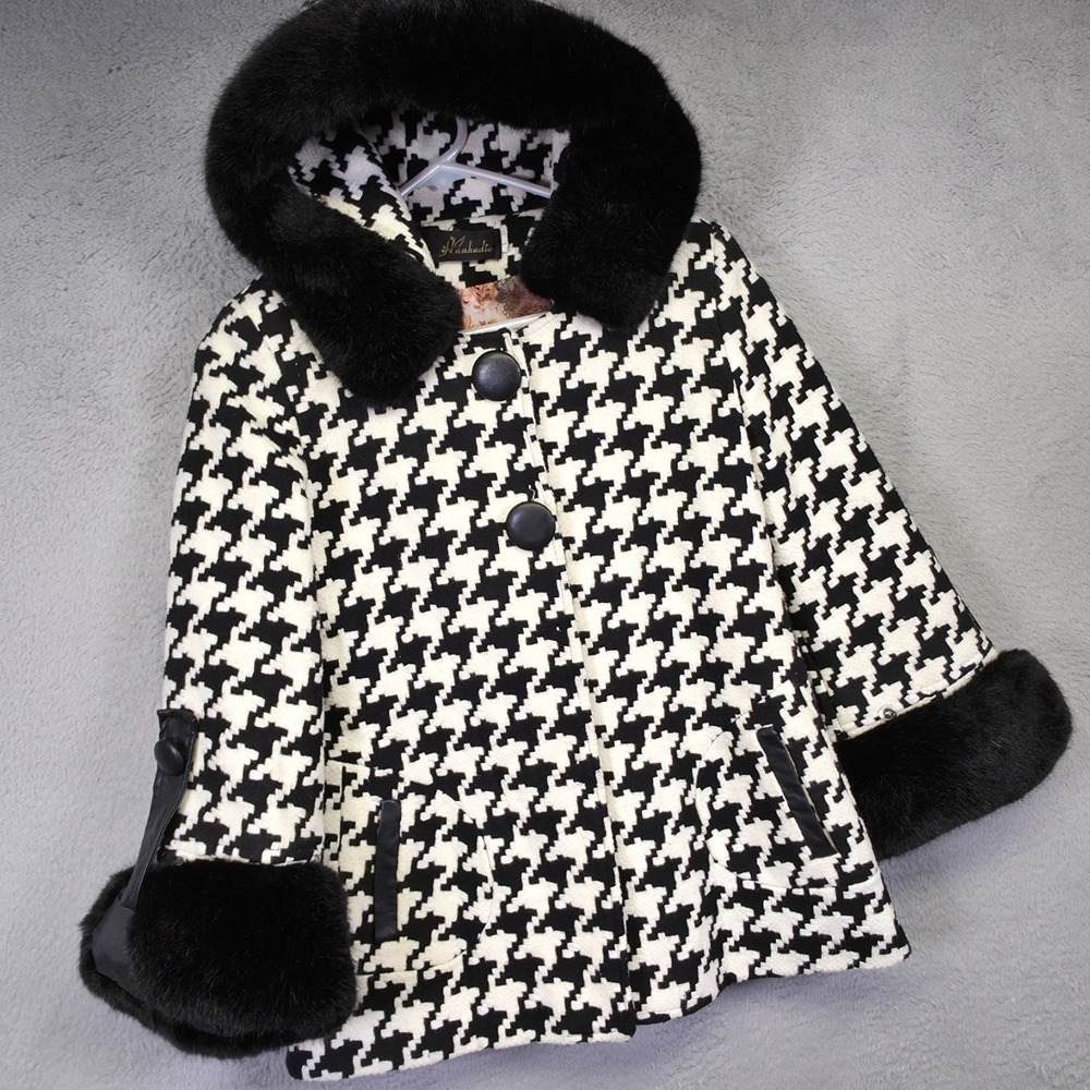 Houndstooth Coat Womens XS S Black White Faux Fur Coquette Elegant Mod Statement